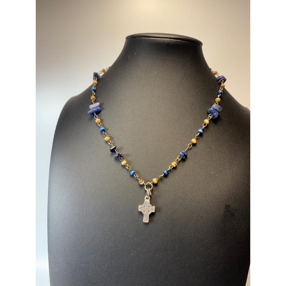 Vintage Celtic Cross Necklace Blue Gold Stone Beaded Boho Statement Whimsygoth
